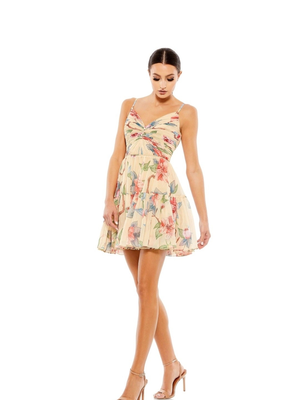 Mac Duggal Floral Cream Spaghetti-Strap Mini Dress